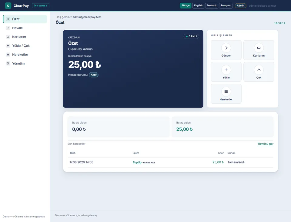 ClearPay web uygulaması özet ekranı